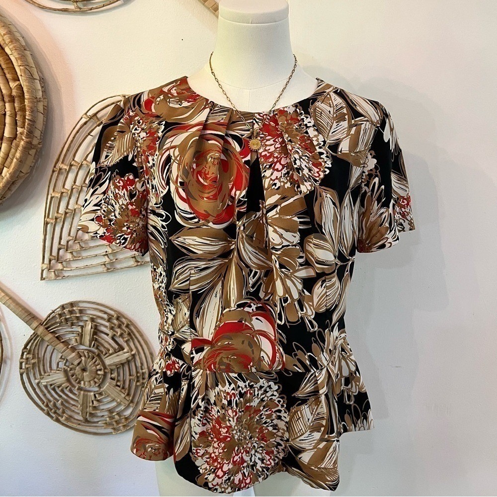 Trina Turk Black Floral Peplum Top Retro Mod Pleated Blouse 10